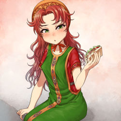 Rule 34 | 1girl, blush, chiaki rakutarou, curly hair, dragon quest, dragon quest vii, food, green eyes, highres, holding, holding food, long hair, maribel (dq7), red hair, sandwich, simple background, sitting, sitting on lap, sitting on person, solo