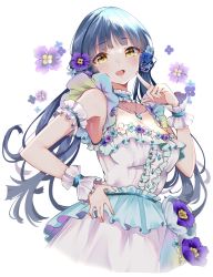 Rule 34 | 1girl, :d, armband, blunt bangs, blush, breasts, center frills, choker, cleavage, collarbone, cropped legs, dress, finger to cheek, floating hair, floral background, flower, frilled armband, frilled choker, frilled dress, frills, green eyes, hair flower, hair ornament, hand on own hip, highres, idolmaster, idolmaster million live!, kitakami reika, looking at viewer, medium breasts, open mouth, simple background, sleeveless, sleeveless dress, smile, solo, twintails, white background, wrist cuffs, yellow eyes, yuanagae