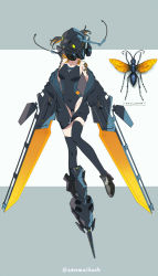 Rule 34 | 1girl, antennae, black footwear, black jacket, black one-piece swimsuit, black thighhighs, brown hair, competition swimsuit, full body, insect request, jacket, mecha musume, off-shoulder jacket, off shoulder, one-piece swimsuit, original, shoes, short twintails, single shoe, solo, swimsuit, thighhighs, twintails, twitter username, zenmaibook