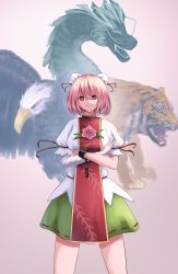 Rule 34 | 1girl, bad id, bad pixiv id, bald eagle, bandaged arm, bandages, bird, cacao devil, chain, cowboy shot, crossed arms, cuffs, double bun, dragon, eagle, eastern dragon, flower, gradient background, green skirt, grey background, hair bun, highres, ibaraki kasen, looking at viewer, pink flower, pink hair, pink rose, puffy short sleeves, puffy sleeves, red eyes, rose, shackles, shirt, short hair, short sleeves, skirt, smile, solo, standing, tabard, tiger, touhou, white shirt