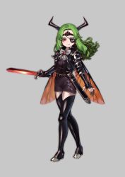 Rule 34 | 1girl, absurdres, black footwear, black jacket, black shorts, boots, bow, bowtie, closed mouth, eyepatch, fingerless gloves, fingernails, full body, gloves, green hair, green nails, grey background, headband, highres, holding, holding sword, holding weapon, horns, insect wings, jacket, long hair, looking at viewer, nail polish, okame nin, one eye covered, open clothes, open jacket, original, red eyes, shorts, simple background, smile, solo, sword, thigh boots, weapon, white bow, white bowtie, wings