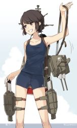 Rule 34 | 10s, 1girl, anchor print, arm up, brown eyes, brown hair, collarbone, commentary request, cowboy shot, deco (geigeki honey), grin, kantai collection, legs apart, looking away, looking to the side, machinery, missile, miyuki (kancolle), short hair, shorts, smile, solo, standing, tank top, teeth, turret, twitter username