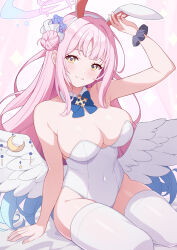 Rule 34 | 1girl, animal ears, arm up, bare arms, bare shoulders, blue archive, bow, bowtie, breasts, cleavage, covered navel, detached collar, fake animal ears, feathered wings, flower, grin, hair bun, hair flower, hair ornament, hairband, halo, highleg, highleg leotard, large breasts, leotard, long hair, looking at viewer, mika (blue archive), pink hair, playboy bunny, rabbit ears, rin ateria, scrunchie, sitting, skindentation, smile, solo, strapless, strapless leotard, thighhighs, thighs, white hairband, white leotard, white thighhighs, wings, wrist scrunchie, yellow eyes