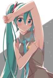 Rule 34 | 1girl, aqua eyes, aqua necktie, arm up, armpits, bare arms, blush, breasts, collarbone, commentary request, grey background, grey shirt, hair between eyes, hatsune miku, highres, looking at viewer, necktie, presenting armpit, shadow, shirt, sleeveless, sleeveless shirt, small breasts, smile, solo, supo01, twintails, two-tone background, upper body, vocaloid, white background