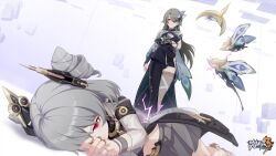 Rule 34 | 2girls, black dress, black gloves, black headwear, chinese commentary, closed mouth, dress, drill hair, gloves, grey hair, grey skirt, hair over one eye, highres, honkai (series), honkai impact 3rd, joints, logo, long hair, looking at another, multiple girls, official art, official wallpaper, on floor, prometheus (honkai impact), red eyes, skirt, sparkle, spoilers, standing, thighhighs, vita (honkai impact), white background, yellow pupils