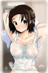 Rule 34 | 1girl, armpits, arms behind head, arms up, blush, breasts, brown eyes, brown hair, closed mouth, commentary, covered erect nipples, girls und panzer, head tilt, highres, holding, holding towel, large breasts, looking at viewer, nana (manaita koumuten), parted bangs, sawa azusa, see-through, shirt, short hair, solo, steam, tank top, towel, upper body, wet, wet clothes, wet shirt, white towel