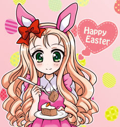 Rule 34 | 10s, 1girl, animal ears, blonde hair, bow, rabbit ears, cake, carrot cake, closed mouth, collared dress, commentary request, dress, drill hair, easter egg, egg, english text, fake animal ears, food, fork, girls und panzer, green eyes, hair bow, happy easter, holding, holding fork, kuromori yako, long hair, marie (girls und panzer), pink background, pink dress, plate, puffy short sleeves, puffy sleeves, red bow, short sleeves, smile, solo, upper body