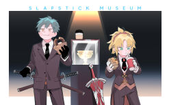 Rule 34 | 1boy, 1girl, black gloves, black jacket, black necktie, black pants, blonde hair, blush, border, brooch, brown vest, chalice, chewing, coffee cup, collared shirt, cup, disposable cup, doughnut, drinking, drinking straw, drinking straw in mouth, eating, english text, fate/grand order, fate (series), food, gloves, green eyes, grey hair, highres, holding, holding cup, holding food, holy grail (fate), jacket, jewelry, jitome, long sleeves, mordred (fate), multiple swords, museum, necktie, oneroom-disco, orange eyes, pants, ponytail, red scrunchie, saitou hajime (fate), scrunchie, shirt, short hair, sprinkles, sword, tailcoat, vest, weapon, white border, white gloves, white shirt