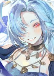 Rule 34 | 1girl, blue hair, blush, breasts, kuzuvine, long hair, looking to the side, lord of heroes, lumie miratisa, messy hair, pale skin, red eyes, smile, white background