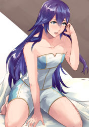 Rule 34 | 1girl, adjusting hair, ameno (a meno0), bad id, bad twitter id, barefoot, bed sheet, between legs, blue eyes, blue hair, breasts, collarbone, fire emblem, fire emblem awakening, floating hair, hair between eyes, hand between legs, kneeling, long hair, lucina (fire emblem), nintendo, open mouth, short shorts, shorts, sketch, sleeveless, small breasts, solo, strapless, very long hair, white shorts