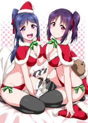 Rule 34 | 2girls, :d, asymmetrical legwear, bed sheet, between legs, bikini, black legwear, blue hair, blush, bow, bowtie, breasts, capelet, christmas, cleavage, commentary request, fur-trimmed bikini, fur-trimmed capelet, fur trim, green bow, green neckwear, hair ribbon, halftone, halftone background, hand between legs, hat, highres, holding, holding clothes, holding hat, kazuno sarah, large breasts, long hair, looking at viewer, love live!, love live! sunshine!!, matsuura kanan, mismatched legwear, multiple girls, navel, open mouth, ponytail, purple hair, red bikini, red capelet, red ribbon, ribbon, santa bikini, santa hat, side-tie bikini bottom, side ponytail, sidelocks, sitting, smile, striped bow, striped bowtie, striped clothes, striped legwear, striped neckwear, striped thighhighs, stuffed animal, stuffed toy, swimsuit, teddy bear, thighhighs, unworn hat, unworn headwear, yopparai oni