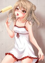 Rule 34 | 1girl, absurdres, alternate costume, blush, breasts, brown eyes, double bun, food, hair between eyes, hair ornament, highres, ice cream, kantai collection, long hair, makura (y makura), michishio (kancolle), open mouth, sleepwear, sleeveless, small breasts, twintails