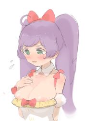 Rule 34 | 1girl, ahoge, areola slip, blush, bow, breasts, cleavage, detached collar, dress, green eyes, hair bow, highres, hyakumangoku masurao, large breasts, long hair, manaka laala, nipples, open mouth, pretty series, pripara, purple hair, simple background, skindentation, solo, twintails, upper body, wavy mouth, white background
