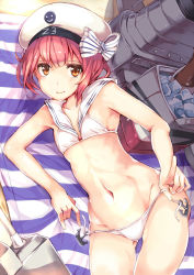 Rule 34 | 10s, 1girl, anchor, armpits, beach towel, bikini, bikini pull, breasts, brown eyes, brown hair, character name, cleavage, clothes pull, clothes writing, colored eyelashes, cooler, groin, hat, hat ribbon, ice, index finger raised, kantai collection, light smile, lying, navel, on back, pointing, pointing at viewer, ribbon, sailor bikini, sailor collar, sailor hat, short hair, side-tie bikini bottom, sideboob, small breasts, smile, solo, striped towel, swimsuit, towel, umagenzin, untied bikini, untying, wet, wet clothes, white bikini, white hat, z3 max schultz (kancolle)