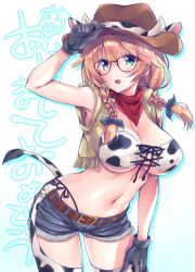 Rule 34 | 1girl, :o, animal ears, animal print, arm up, armpits, bandana, bare arms, bare shoulders, belt, black gloves, black shorts, blonde hair, braid, breasts, brown hair, cleavage, contrapposto, cow ears, cow horns, cow print, cow tail, cowboy hat, cowboy shot, cowboy western, crop top, cube x cursed x curious, cutoffs, denim, denim shorts, fake animal ears, frown, glasses, gloves, green eyes, hair ribbon, hand on headwear, hand on own thigh, hat, highleg, horns, large breasts, long hair, looking at viewer, midriff, muramasa konoha, navel, neckerchief, open mouth, red-framed eyewear, red bandana, ribbon, sasorigatame, short shorts, shorts, side-tie peek, sleeveless, solo, standing, stomach, strapless, tail, thighhighs, thighs, twin braids, vest, white thighhighs