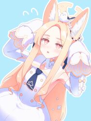 Rule 34 | 1girl, animal ear fluff, animal ears, armpits, blonde hair, blue archive, blue background, blush, breasts, detached sleeves, dress, flying sweatdrops, fox ears, halo, highres, long hair, open mouth, seia (blue archive), simple background, small breasts, solo, white dress, white sleeves, wide sleeves, yellow eyes, yellow halo, yellow tail! (artist)