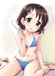 Rule 34 | 1girl, bare shoulders, bikini, black eyes, black hair, blue bikini, blush, breasts, collarbone, commentary request, dot nose, food, hair ornament, hairclip, hand on own leg, hand up, highres, holding food, holding popsicle, idolmaster, idolmaster cinderella girls, idolmaster cinderella girls starlight stage, idolmaster cinderella girls u149, looking at viewer, navel, open mouth, popsicle, rabbit hair ornament, sandals, sasaki chie, satogo, short hair, sitting, small breasts, smile, solo, swimsuit, wariza