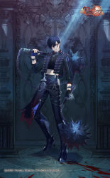 Rule 34 | 1boy, black footwear, black gloves, black hair, black jacket, black pants, boots, chain, claw (weapon), company name, copyright name, crop top, fingerless gloves, food fantasy, full body, gloves, goose barnacle (food fantasy), hair between eyes, high heel boots, high heels, highres, holding, holding weapon, jacket, leather, leather pants, male focus, midriff, o-ring, official art, over shoulder, pants, red eyes, rezia, solo, spiked boots, standing, thigh strap, weapon