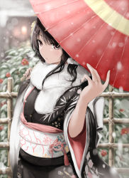 Rule 34 | 1girl, absurdres, black hair, black kimono, blurry, blurry background, commentary request, depth of field, fence, fingernails, fur trim, fuu (fuore), hand up, highres, holding, holding umbrella, japanese clothes, kimono, long sleeves, looking at viewer, new year, obi, oil-paper umbrella, original, parted lips, red eyes, sash, snow, solo, standing, umbrella, upper body, wide sleeves