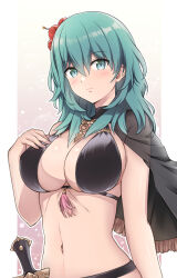 Rule 34 | 1girl, bikini, black bikini, black capelet, blush, breasts, byleth (female) (fire emblem), byleth (female) (summer) (fire emblem), byleth (fire emblem), capelet, cleavage, closed mouth, commentary request, cowboy shot, dagger, enlightened byleth (female), fire emblem, fire emblem: three houses, fire emblem heroes, flower, green eyes, green hair, hair between eyes, hair flower, hair ornament, hand on own chest, hibiscus, highres, knife, komurice, large breasts, long hair, looking at viewer, midriff, navel, nintendo, official alternate costume, red flower, sheath, sheathed, sideboob, sidelocks, single bare shoulder, solo, standing, swimsuit, tassel, weapon