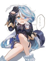 Rule 34 | 1girl, ahoge, ascot, asymmetrical gloves, black ascot, black gloves, blue brooch, blue eyes, blue gemstone, blue hair, blue jacket, cowlick, crying, drop-shaped pupils, furina (genshin impact), gem, genshin impact, gloves, hair between eyes, highres, jacket, light blue hair, long hair, long sleeves, looking at viewer, mismatched gloves, mismatched pupils, multicolored hair, open mouth, shorts, simple background, solo, symbol-shaped pupils, translation request, white gloves, white hair, white shorts, yurayura (mdeh5447)