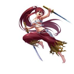 Rule 34 | 1girl, armpits, artist request, barefoot, breasts, brown eyes, chest sarashi, dual wielding, earrings, erza scarlet, fairy tail, full body, hair between eyes, holding, holding sword, holding weapon, jewelry, katana, large breasts, long hair, looking at viewer, midriff, navel, official art, open mouth, pants, ponytail, red hair, sarashi, solo, sword, teeth, tongue, transparent background, underboob, valkyrie connect, very long hair, weapon
