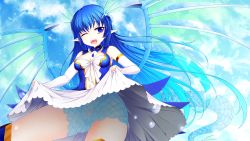 Rule 34 | 1girl, absurdres, bare shoulders, blue eyes, blue hair, breasts, cameltoe, cleavage, clothes lift, detached sleeves, dragon girl, dragon tail, dragon wings, dress, frills, gem, gloves, highres, leviathan (zettai bouei leviathan), matching hair/eyes, midriff, monster girl, navel, one eye closed, open mouth, pointy ears, ribbon, scales, skirt, skirt lift, solo, tail, thighhighs, urepito honke, wings, wink, zettai bouei leviathan