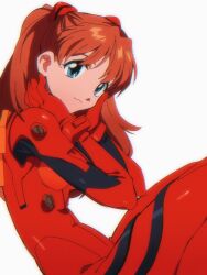 Rule 34 | 1girl, 4zw89qkqagggcf7, :3, blue eyes, bodysuit, breasts, brown hair, gloves, hair ornament, highres, legs together, long hair, looking at viewer, medium breasts, neon genesis evangelion, plugsuit, red bodysuit, red gloves, shiny clothes, simple background, souryuu asuka langley, white background