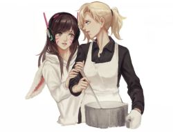 Rule 34 | 2girls, animal hood, apron, bad id, bad twitter id, black shirt, blonde hair, blue eyes, brown eyes, brown hair, buttons, collared shirt, cooking, d.va (overwatch), facepaint, facial mark, fingernails, hair ornament, hair tie, headphones, holding, holding own arm, hood, hooded jacket, hoodie, jacket, ladle, lips, long sleeves, looking at another, mercy (overwatch), mo (artist), mo (ine mao), multiple girls, nose, open mouth, oven mitts, overwatch, overwatch 1, parted lips, pink lips, ponytail, pot, profile, rabbit hood, shirt, simple background, upper body, whisker markings, white apron, white background, white jacket