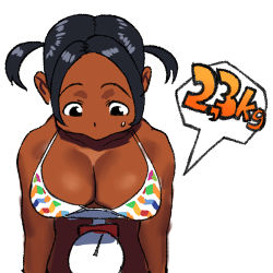Rule 34 | 1girl, arung samudra (cessa), bikini, black hair, breast rest, breasts, cessa, chibi, cleavage, commentary, dark-skinned female, dark skin, english commentary, forehead, looking at breasts, lowres, ombok diving and delivery services, pac-man eyes, parted hair, rainbow bikini, short twintails, solo, speech bubble, sweatdrop, swimsuit, twintails, very dark skin, weighing breasts, weighing scale, white bikini