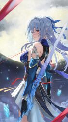 Rule 34 | 1girl, absurdres, artist name, back, bare shoulders, black gloves, blue dress, blue sleeves, breasts, chinese clothes, closed mouth, crystal sword, dated, detached sleeves, dress, from side, full moon, gloves, grey hair, hair between eyes, half updo, high-low skirt, highres, honkai: star rail, honkai (series), huge moon, jian (weapon), jingliu (honkai: star rail), long hair, looking at viewer, looking back, massoukei, medium breasts, moon, night, night sky, red eyes, reverse grip, sidelocks, skirt, sky, sleeveless, sleeveless dress, solo, standing, star (sky), sword, sword behind back, weapon, white skirt