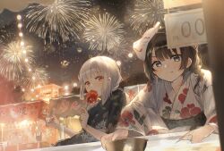 Rule 34 | 2girls, absurdres, aerial fireworks, blue eyes, blunt bangs, braid, brown hair, candy apple, film grain, fireworks, floral print, food, food stand, goldfish scooping, highres, japanese clothes, kimono, lantern, leaf print, licking lips, mask, mask on head, multiple girls, night, night sky, original, outdoors, oyuyu, red eyes, revision, short hair, sidelocks, sky, summer festival, sweatdrop, tongue, tongue out, upper body, white hair, yukata