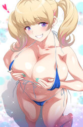 Rule 34 | 1girl, aqua nails, artist name, bare arms, bare shoulders, bikini, blonde hair, blue bikini, blush, breasts, clenched teeth, commentary request, covering breasts, covering privates, earrings, fingernails, gyaru, heart, heart earrings, highres, huge breasts, jewelry, joy ride, light particles, looking at viewer, multicolored hair, nail polish, navel, original, pink hair, plump, purple eyes, side-tie bikini bottom, solo, stomach, streaked hair, swimsuit, teeth, twintails