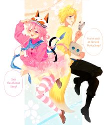Rule 34 | 1boy, 1girl, absurdres, animal ears, black pants, blue eyes, cat ears, fangs, feathers, fox boy, fox ears, fox tail, hat, highres, long sleeves, medium hair, multicolored eyes, open mouth, original, pants, pink hair, pink shirt, purple eyes, red eyes, scarf, shirt, shoes, short hair, skirt, smile, striped clothes, striped legwear, striped thighhighs, sweetmeloday, tail, thighhighs, yellow shirt