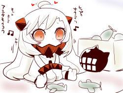 Rule 34 | 10s, 1girl, abyssal ship, ahoge, ahoge wag, aircraft, airplane, chibi, colored skin, comic, covered mouth, dress, expressive hair, heart, horns, kantai collection, long hair, mittens, musical note, northern ocean princess, quaver, red eyes, sako (bosscoffee), sitting, solo, translation request, white dress, white hair, white skin
