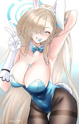 Rule 34 | 1girl, animal ears, asuna (blue archive), asuna (bunny) (blue archive), bare shoulders, between breasts, blue archive, blue eyes, blue leotard, blue ribbon, blush, breasts, brown pantyhose, cleavage, detached collar, elbow gloves, fake animal ears, gloves, grin, hair over one eye, hair ribbon, halo, highleg, highleg leotard, highres, kaji zarame, large breasts, leotard, light brown hair, long hair, looking at viewer, mole, mole on breast, mouth hold, pantyhose, playboy bunny, rabbit ears, rabbit tail, ribbon, smile, solo, tail, thighband pantyhose, thighs, v, very long hair, white gloves