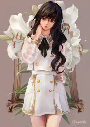 Rule 34 | 1girl, absurdres, arm at side, asymmetrical hair, black hair, black ribbon, brown background, brown eyes, buttons, commentary, cowboy shot, floral background, flower, gagaichi, gold trim, hand on own neck, hand up, head tilt, highres, lily (flower), long hair, long sleeves, looking to the side, neck ribbon, original, picture frame, pleated skirt, puffy sleeves, ribbon, see-through, see-through sleeves, skirt, sleeve cuffs, solo, thighs, wavy hair, white flower, white skirt, wing collar