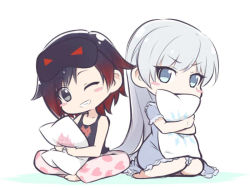 Rule 34 | 2girls, black hair, blush stickers, chibi, commentary request, crossed legs, gradient hair, grey hair, ishikane aoi, long hair, looking at viewer, multicolored hair, multiple girls, one eye closed, pajamas, pillow, red hair, ruby rose, rwby, seiza, short hair, short sleeves, simple background, sitting, sleeveless, smile, teeth, two-tone hair, weiss schnee, white background