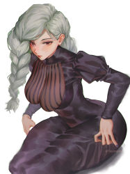 Rule 34 | 1girl, black eyes, braid, braided bangs, braided ponytail, breasts, closed mouth, dress, grey hair, hair over one eye, highres, invisible chair, jujutsu kaisen, juliet sleeves, large breasts, layered clothes, leaning forward, long hair, long sleeves, looking at viewer, mature female, mei mei (jujutsu kaisen), nail polish, puffy sleeves, purple dress, purple nails, red lips, sayanestia, simple background, sitting, skin tight, skindentation, solo, striped, tight clothes, tight dress, turtleneck, turtleneck dress, twin braids, twitter username, vertical stripes, white background