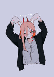 Rule 34 | 1girl, absurdres, black jacket, chainsaw man, commentary request, cropped torso, cross-shaped pupils, grey background, gurukousu, hair between eyes, highres, horns, jacket, long hair, one eye closed, pink eyes, pink hair, power (chainsaw man), red horns, smile, solo, symbol-shaped pupils, translation request, upper body