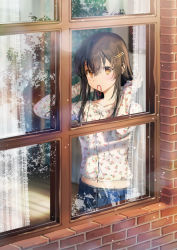 Rule 34 | 1girl, arms up, blurry, blush, brick wall, brown hair, buttons, collarbone, commentary request, curtains, denim, floral print, from outside, hair between eyes, hair ornament, hair tie, hair tie in mouth, hairclip, ice (ice aptx), indoors, long hair, long sleeves, looking at viewer, midriff, midriff peek, mouth hold, navel, orange eyes, original, print shirt, shirt, sidelocks, solo, tying hair, white shirt, window
