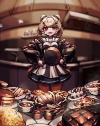 Rule 34 | 1girl, :d, animal ears, apron, arknights, basket, bear ears, blonde hair, blurry, blurry background, commentary request, food, frying pan, gummy (arknights), hair ornament, hairclip, jacket, kitchen, long sleeves, looking at viewer, makaroll, noodles, omelet, omurice, onigiri, open mouth, orange pantyhose, pantyhose, pasta, pie, plate, ramen, red eyes, sandwich, smile, solo, spaghetti, standing