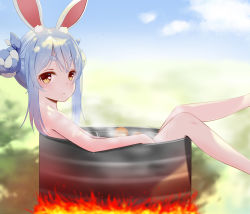 Rule 34 | 1girl, absurdres, animal ear fluff, animal ears, bathing, blue hair, blue sky, braid, braided bun, chinese commentary, cloud, commentary request, day, double bun, drum bath, fire, from side, hair bun, highres, hololive, kakokyuu hiffuu, looking at viewer, multicolored hair, nude, outdoors, rabbit ears, sidelocks, sky, solo, steam, streaked hair, symbol-shaped pupils, thick eyebrows, usada pekora, virtual youtuber, water, wet, yellow eyes