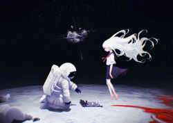Rule 34 | 1girl, 1other, absurdres, astronaut, barefoot, blood, blood on ground, board game, chess, commentary, corpse, destroyed, earth (planet), english commentary, floating, floating hair, from side, helmet, highres, long hair, moon, original, outdoors, planet, pool of blood, school uniform, seiza, serafuku, sitting, space, space helmet, spacesuit, very long hair, white hair, zero808w