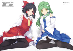 Rule 34 | 2girls, arm support, bow, clothes lift, detached sleeves, female focus, frog, green eyes, hair bow, hair ornament, hair tubes, hakurei reimu, japanese clothes, kochiya sanae, legs, long hair, miko, multiple girls, open mouth, pantyhose, red eyes, rokuwata tomoe, short hair, simple background, sitting, skirt, skirt lift, snake, thighband pantyhose, touhou, white background
