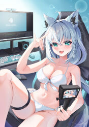 Rule 34 | 1girl, absurdres, action camera, ahoge, animal ear fluff, animal ears, at computer, bikini, black bow, blush, bow, braid, breasts, camera, chair, commentary request, earrings, fang, fox ears, fox girl, fox shadow puppet, fox tail, gaming chair, green eyes, hair between eyes, hair bow, halterneck, highres, holding, holding camera, hololive, jewelry, jin kemi, computer keyboard, knee up, long hair, looking at viewer, medium breasts, monitor, computer mouse, navel, o-ring, o-ring bikini, o-ring bottom, open mouth, selfie stick, shirakami fubuki, sidelocks, single braid, sitting, smile, solo, swimsuit, swivel chair, table, tail, thigh strap, video camera, virtual youtuber, white bikini, white hair