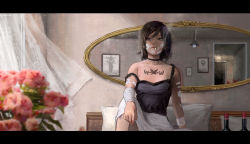 Rule 34 | 1girl, absurdres, arm support, bad id, bad pixiv id, bandages, bandaged arm, bandages, bedroom, black eyes, black hair, black neckwear, window blinds, blood, blood splatter, blurry, bottle, butterfly tattoo, choker, cigarette, commentary request, curtains, depth of field, flower, highres, indoors, knee up, lamp, light bulb, mirror, on bed, original, photo (object), pillow, realistic, reflection, short hair, skirt, smoking, solo, strap slip, tattoo, tomiya (tomiya2117), white skirt, window