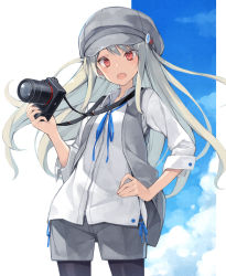 Rule 34 | 1girl, blue ribbon, cabbie hat, camera, contrapposto, cowboy shot, fang, grey shorts, grey vest, hand on own hip, hat, highres, holding, long hair, looking at viewer, open mouth, original, pantyhose, poco (asahi age), red eyes, ribbon, shirt, shorts, single-lens reflex camera, sky, solo, standing, vest, white background, white hair, white shirt, wing collar, yukimi (poco), zipper