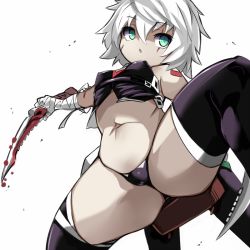 Rule 34 | 1girl, ass, bandaged arm, bandages, bare shoulders, black panties, black thighhighs, breasts, commentary request, covered erect nipples, facial scar, fate/apocrypha, fate (series), from below, gloves, green eyes, holding, holding knife, jack the ripper (fate/apocrypha), karukan (monjya), knife, looking at viewer, open mouth, panties, scar, scar across eye, scar on cheek, scar on face, short hair, silver hair, simple background, solo, spread legs, tattoo, thighhighs, underwear, white background