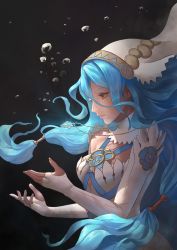 Rule 34 | 1girl, aztodeus, aztodio, azura (fire emblem), bare shoulders, beads, blue hair, breasts, dark, detached collar, detached sleeves, dress, fingerless gloves, fire emblem, fire emblem fates, fire emblem heroes, from side, gloves, gold trim, hair beads, hair ornament, highres, jewelry, looking at hands, medium breasts, necklace, nintendo, solo, veil, white dress, yellow eyes